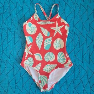Hanna Andersson Size 120 6-7 Red Cream Blue Seashell One Piece Swimsuit